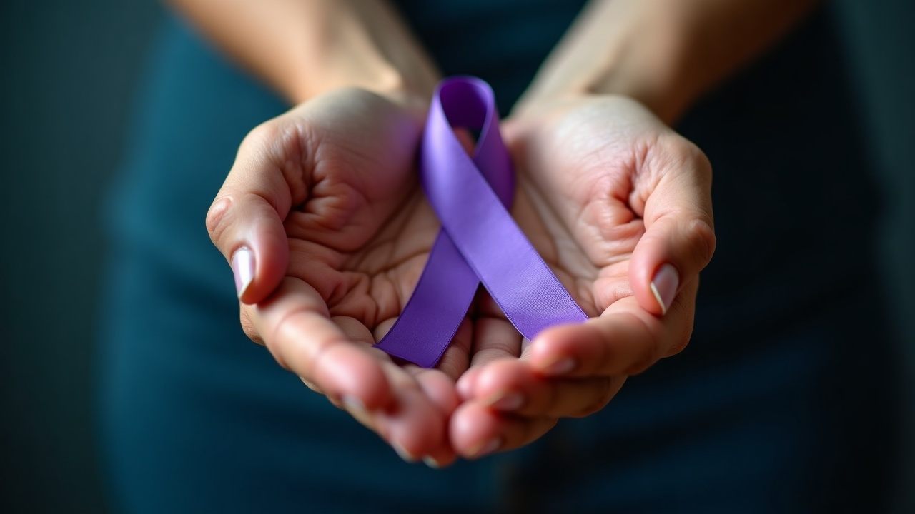 Manos sosteniendo un lazo morado, símbolo de concientización contra la violencia hacia la mujer